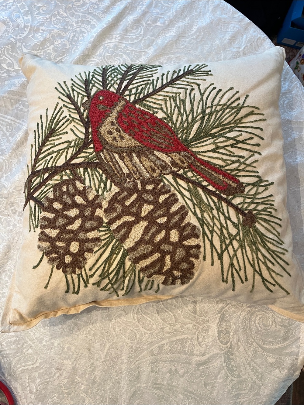 Pottery Barn Embroidered Cardinal & Pinecone Throw Pillow - Red/Green/Cream EUC